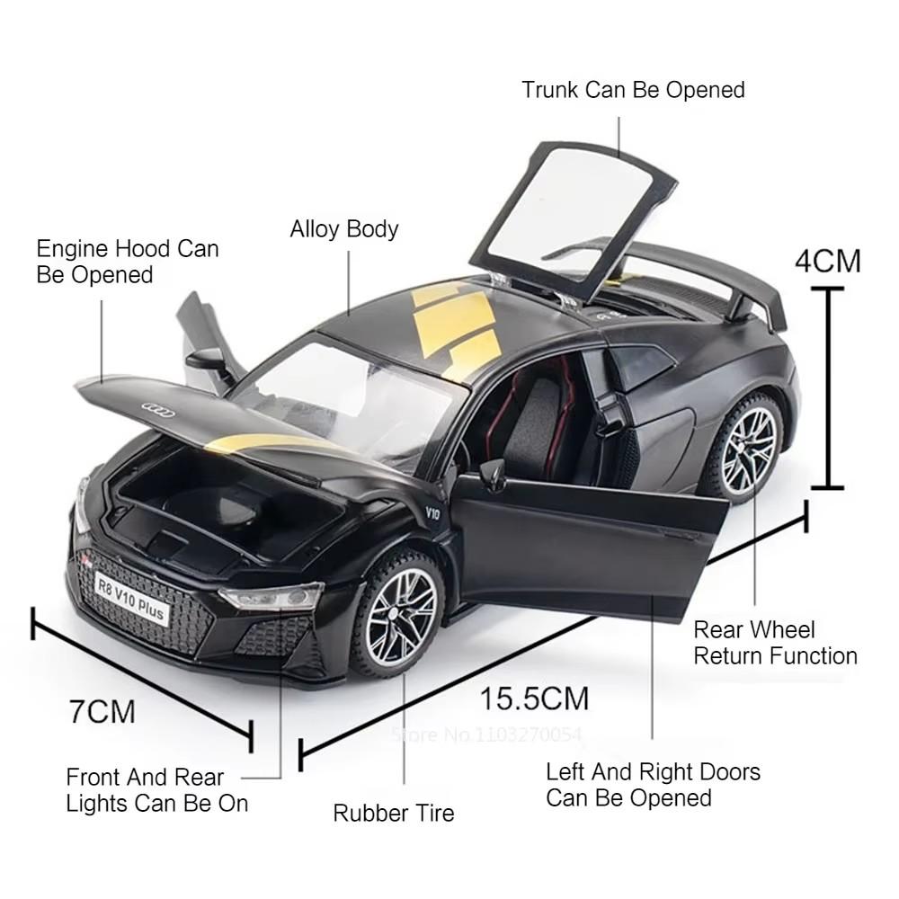 1:32 R8 V10 Plus C260l Сплавная литая модель автомобиля Игрушки Звук Свет Инерционный механизм Открывающиеся двери Резиновые шины Миниатюрные транспортные средства Подарки для мальчиков
