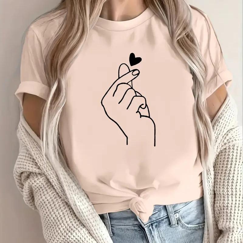 Women Summer T Shirt  Print Heart Gesture Short Sleeve Tees Casual   Printed  Tops