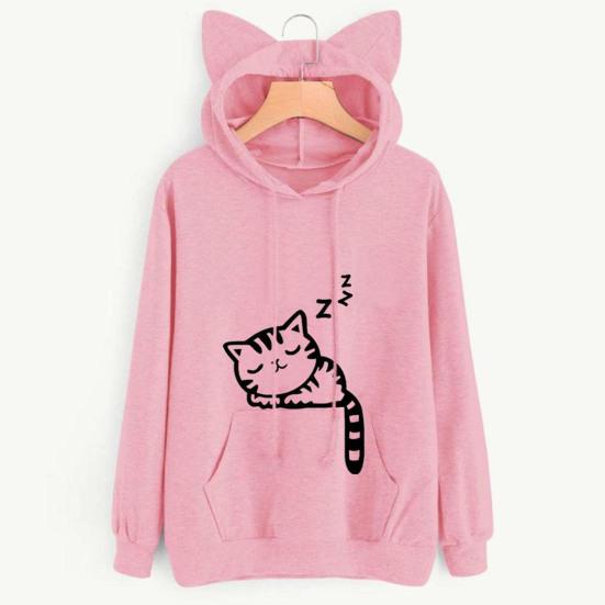 Women Fall Winter Hoodie with Big Pocket Cat Ear Decor Kitty Printing Hooded Full Sleeves Loose Pullover Home School Sport Top