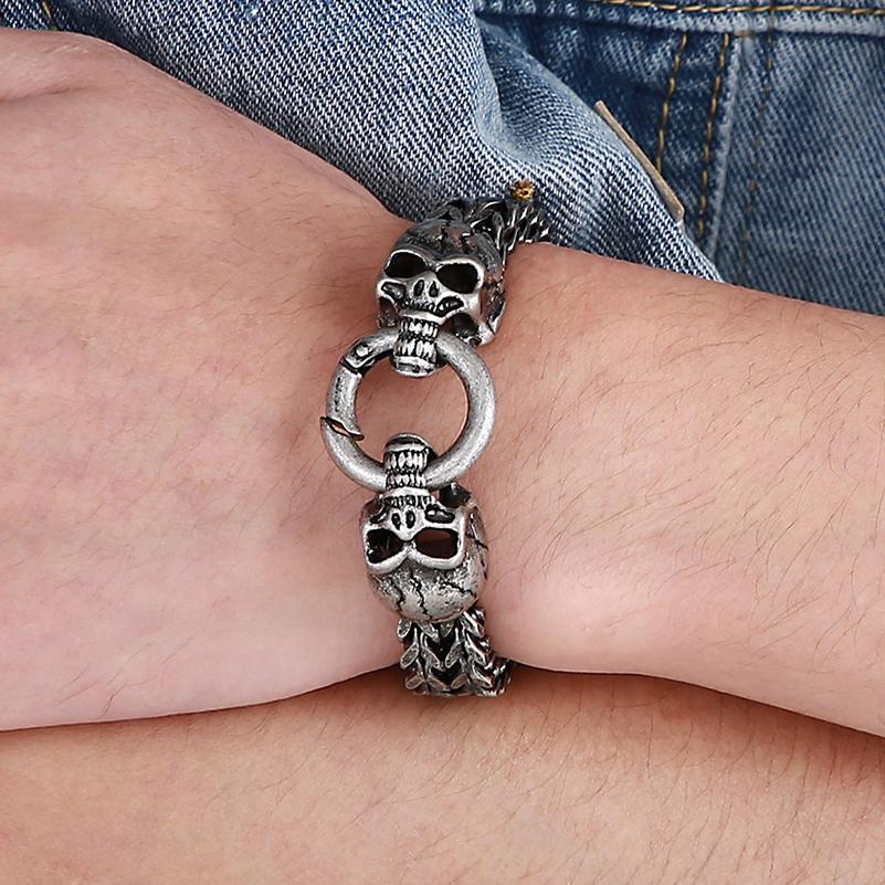 Готический браслет с черепом, мужской браслет в стиле панк-рок, мужские байкерские браслеты, позолоченные ювелирные аксессуары из нержавеющей стали
