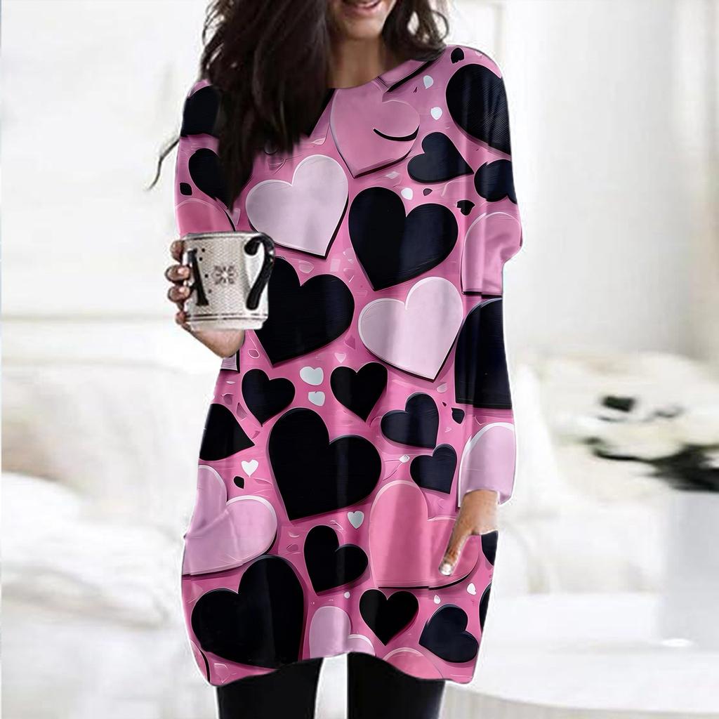 Женский модный повседневный топ с длинным рукавом и круглым вырезом ко Дню святого Валентина с принтом в виде сердца