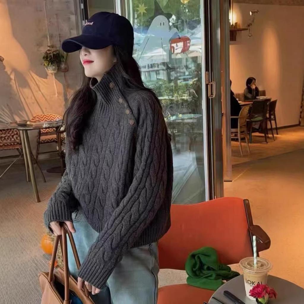 Women's Retro Thick Knit Button Sweater - Loose High-Neck Pullover Outerwear
