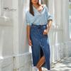 High Waist Denim Skirt Women Summer Buttons Zipper Fly Pockets A-Line Skirt Front Center Slit Design Midi Skirt Streetwear