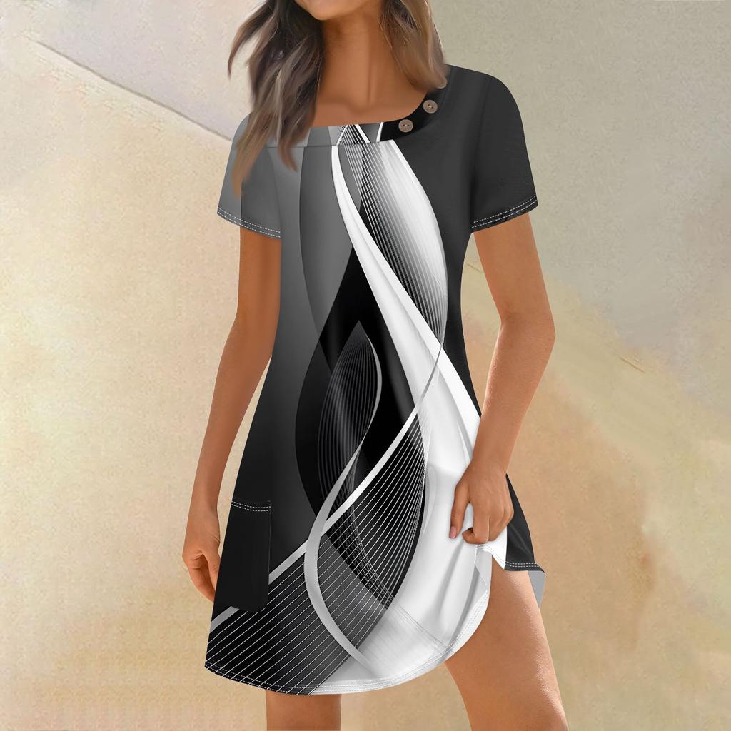 Женская мода, летние платья с квадратным вырезом и коротким рукавом, повседневные свободные платья с карманами и пуговицами в стиле пэчворк с принтом