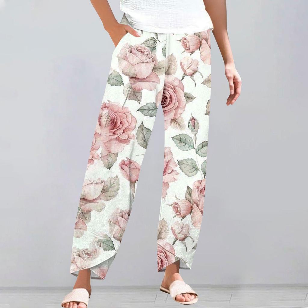 Брюки женские летние повседневные широкие брюки с эластичной резинкой на талии и карманами