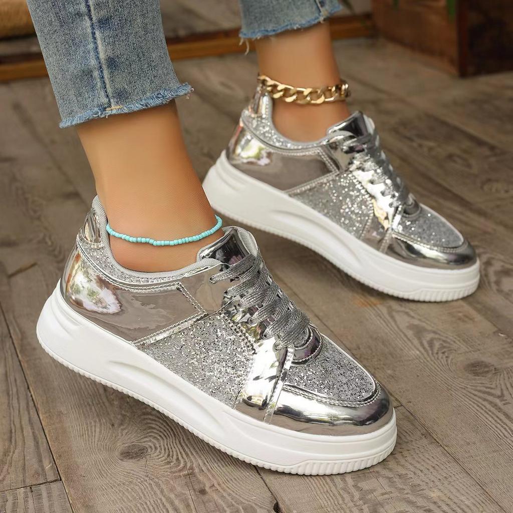 Sequins Fashion Women Board Shoe Casual Sneakers Lightweight Large Size Flat Women's Lace-up Thick Bottom Tennis Walking Shoes