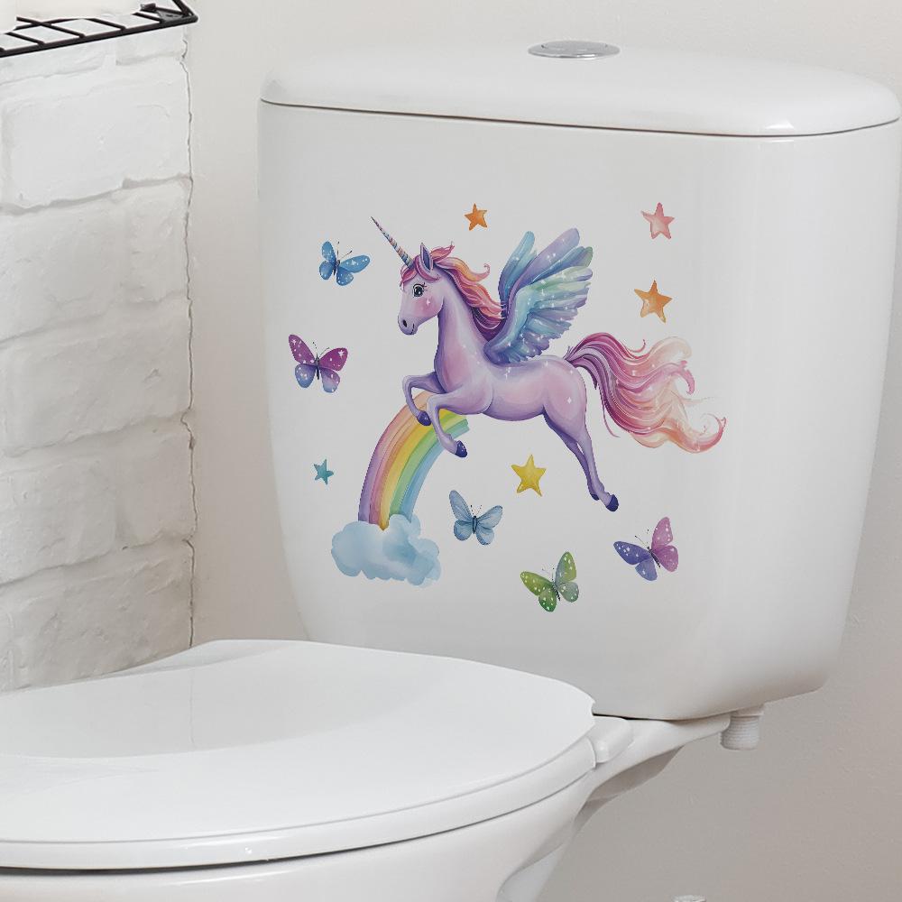 Playful Unicorn and Butterflies Hand Painted Toilet Sticker Waterproof Self-Adhesive Removable Decal for Bathroom WC Home Decor
