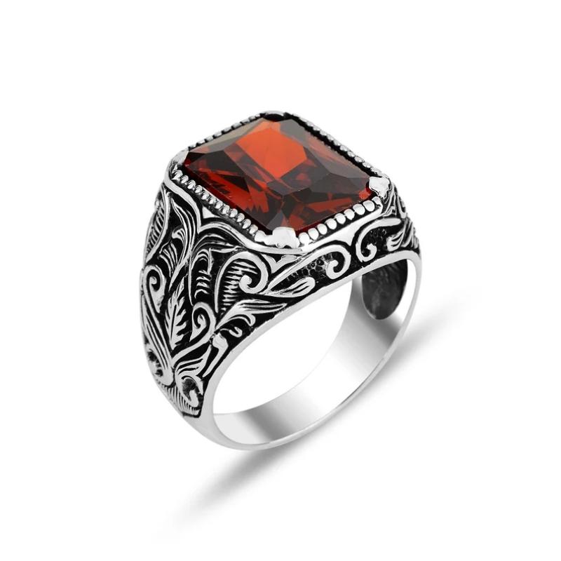 Retro Square Inlaid Red Zircon Rings for Men Personalized Fashion Silver Color Metal Carving Pattern Punk Rings Accessories
