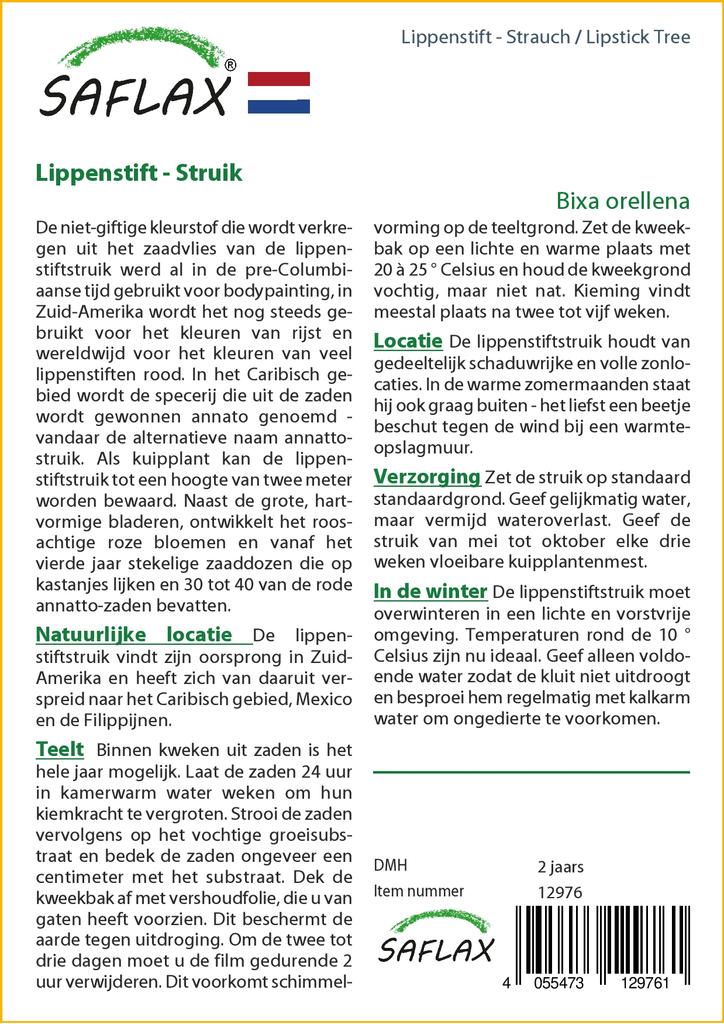 SAFLAX Подарочный набор - Дерево для губной помады - 20 семян - С подарочной коробкой, карточкой, этикеткой и субстратом для цветов - Bixa orellena