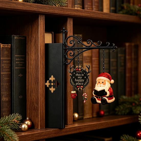 Indoor Holiday Ornaments Christmas Book Shelf Light, Iron Bookend Night Lamp with Santa Unique Office Desk Decor Reindeer Snowman, Warm Glow Tabletop