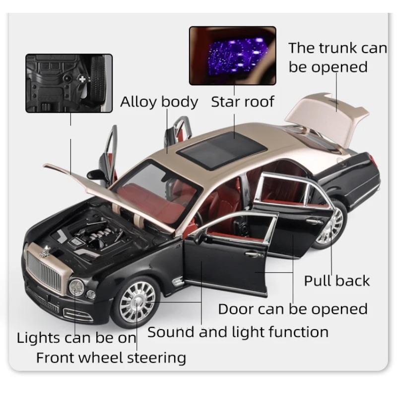 Diecast 1/24 Scale Bentley Mulsanne Alloy Model Car Collection Vehicle Simulation Sound & Light Metal Toy Car Toy for Kids Gift