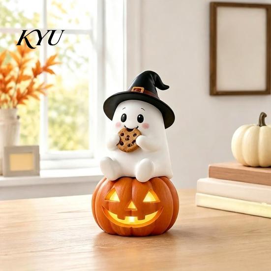 Whimsical Halloween Figurine Lighted Ghost Figurine, Spooky Resin Witch on Pumpkin/Holding Lantern Home Office Table Ornament Statue with LED