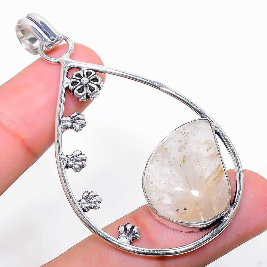 Golden Rutile Gemstone Handmade 925 Sterling Silver Jewelry Pendant 2.60"