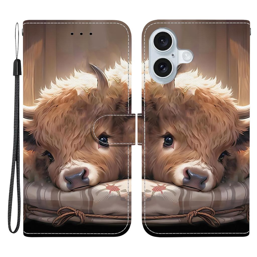 For iPhone 16 Plus Leather Case Stand Wallet Pattern Printing Phone Cover with Wrist Strap