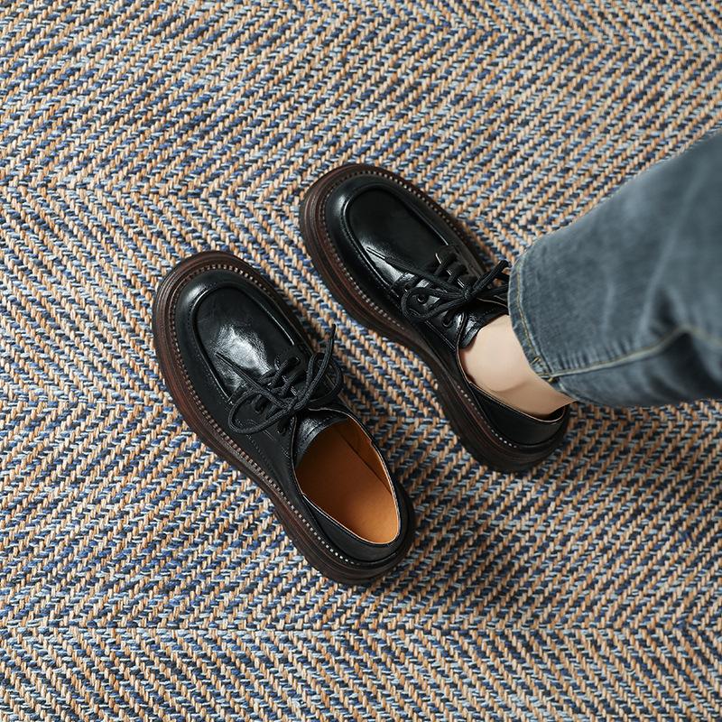 Платформенные маленькие кожаные туфли женские в британском стиле 2025 весна и лето новые одинарные туфли с круглым носком на толстом каблуке милые крутые девушки лоферы на шнуровке