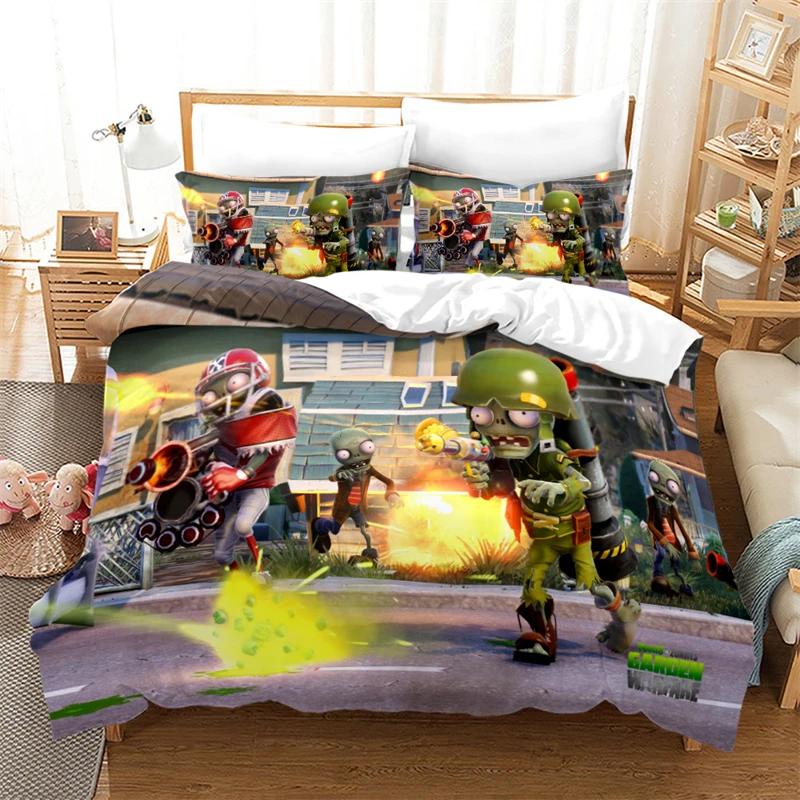 Popular Games Pattern Bedding Set 3d Plant Zombie Cartoon Duvet Cover Set with Pillowcase Single Double Queen King Bedclothes