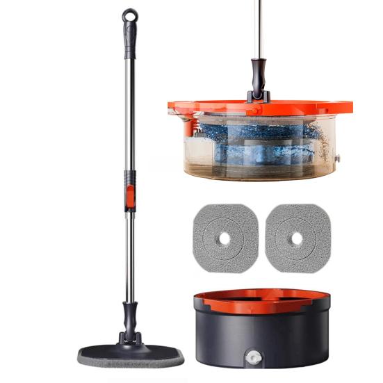 Комплект швабры с овальным вращающимся ведром и системой самоотделения. Насадка для швабры из микрофибры. Регулируемая ручка из нержавеющей стали. Комплект швабры с ведром для наполнения водой.
