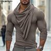 Men Spring Cowl Neck Long Sleeve Ruffled Casual Pullover Tops