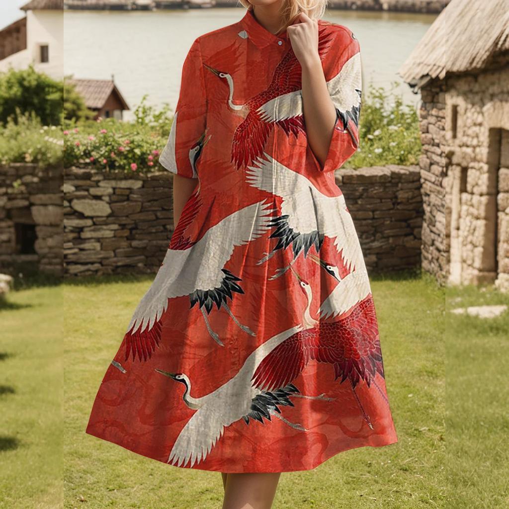 Dress For Women Elegant Casual Smocked Button Lapel Short Sleeve Knee Length Dress