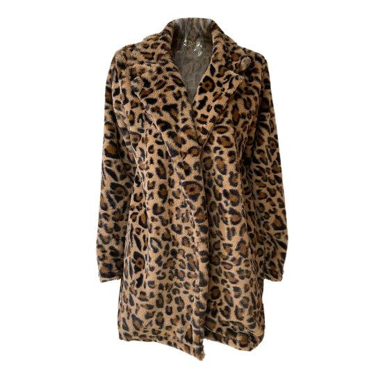 Fall Winter Women Coat Thick Plush Leopard Print Lapel Long Sleeve Windproof Cold-proof Mid Length Pockets Cardigan Lady Loose Overcoat