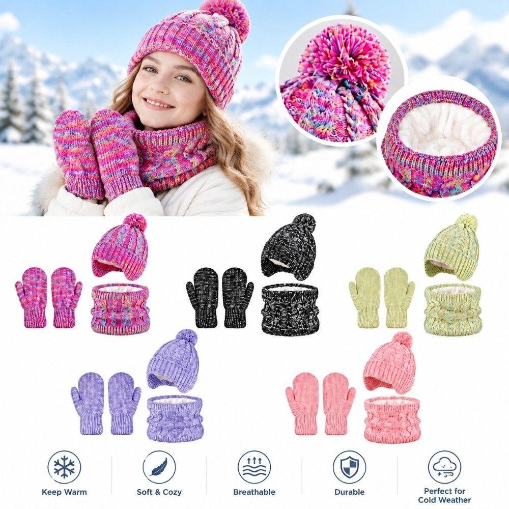 Colorful Kids Hat Scarf Gloves Set Thickened Gloves Warm Pullover Hat Winter