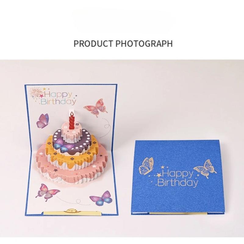 1pc Colorful Handmade 3D Birthday Greeting Card with Butterfly Cake Design - Foldable Pull-out Inner Card for Custom Wishes