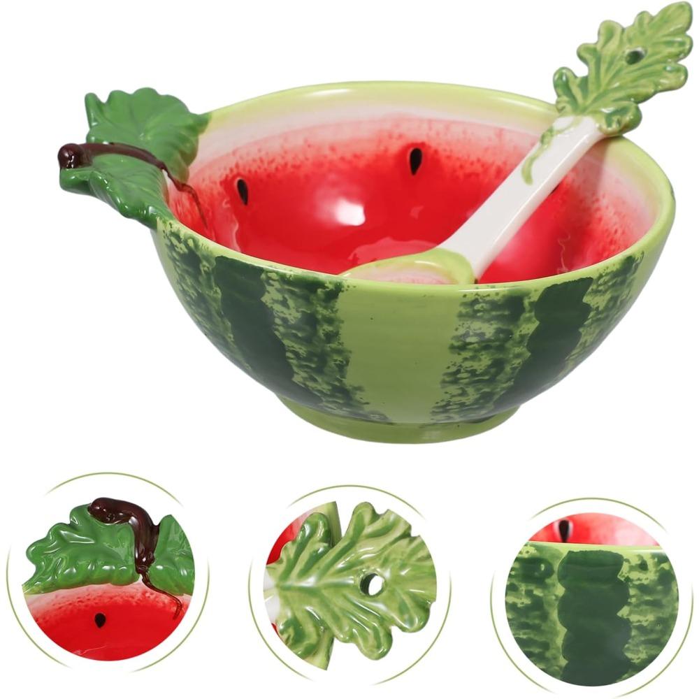 Керамическая миска в форме фрукта с ложкой, блюда-арбузы, кухонное украшение, сервировочная миска для супа, хлопьев, мороженого, салата, десерта