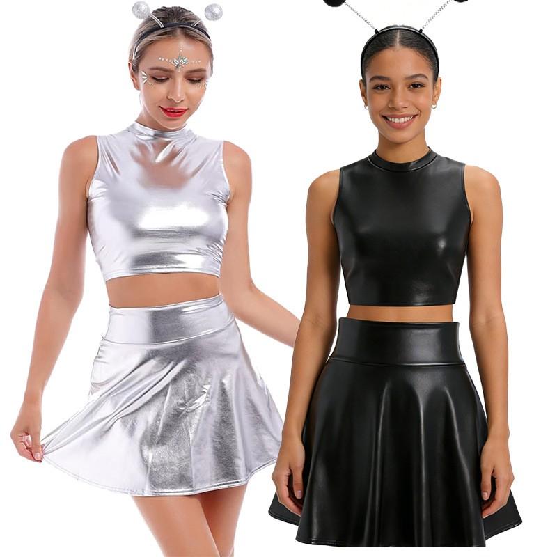 Halloween Robot Astronaut Costume Women Cosplay Space Theme Outfit PU Leather Black Stage Performance Dress