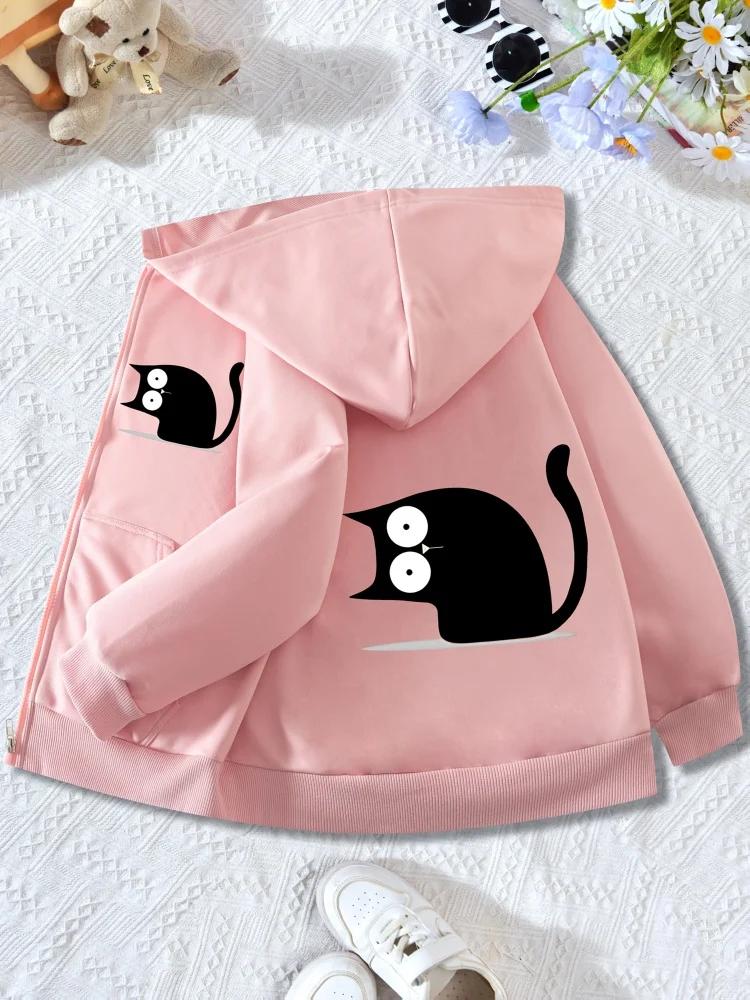 Kids Zip Up Hooded Jacket Cute Big Eyes Black Cat Graphic Long Sleeve Casual Hoodie Outerwear For Boys Girls