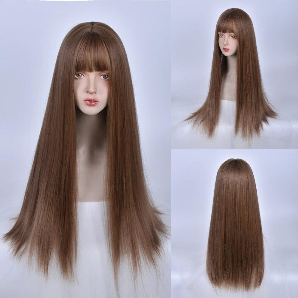 Темно-синий длинный прямой синтетический парик Лолиты для косплея с челкой для женщин, вечерние головные уборы, красные, розовые, светлые волосы