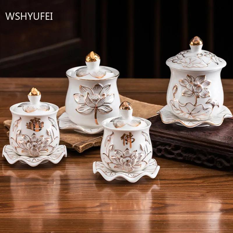 1 шт. Керамическая чаша для святой воды в китайском стиле, кружки для подношения воды в форме лотоса, кружки для воды «Великое сострадание Гуаньинь», буддийские принадлежности