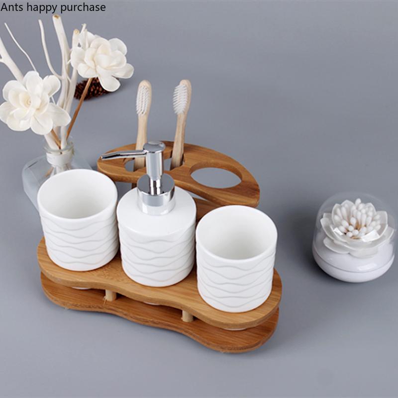 Белый керамический набор для ванной комнаты из 3 предметов, деревянная рамка, бутылочка для лосьона, стаканчик для рта, деревянный держатель для зубных щеток, принадлежности для ванной комнаты, набор для мытья