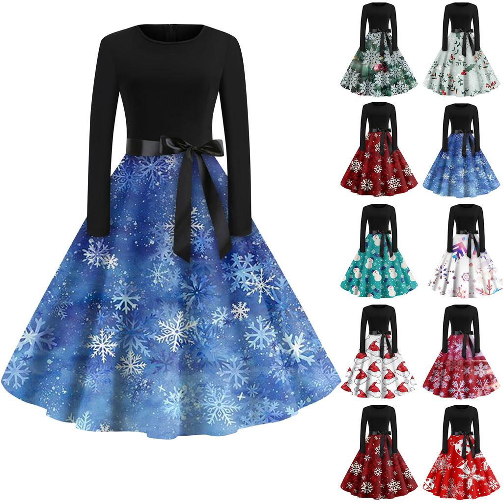 Women's Fashion Round Neck Casual Slim Christmas Printed Long Sleeve Dresses