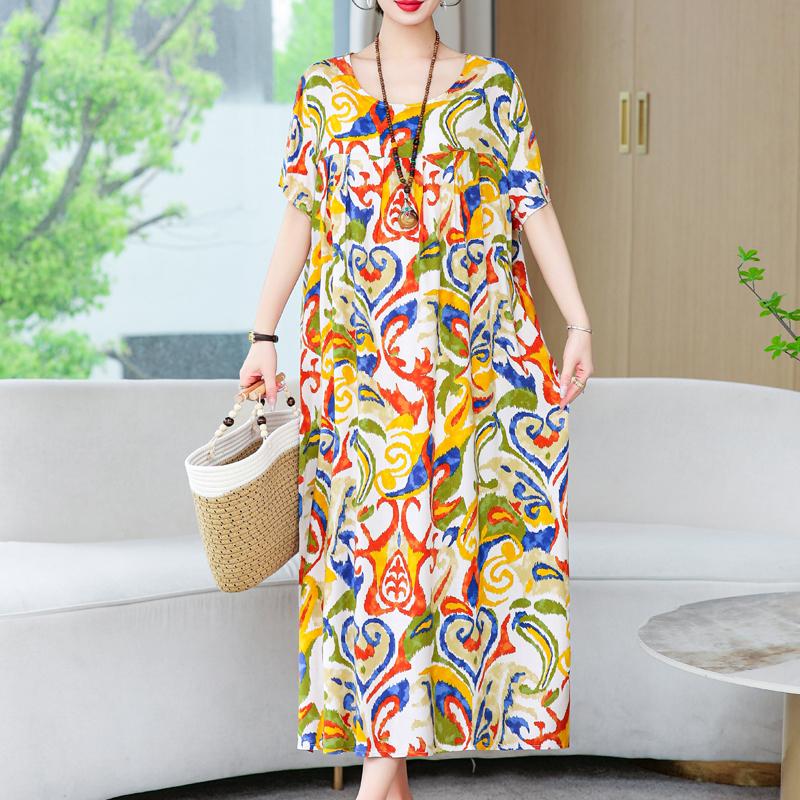 Женские свободные платья, элегантное повседневное летнее платье больших размеров с коротким рукавом, длинное платье больших размеров, женская винтажная одежда
