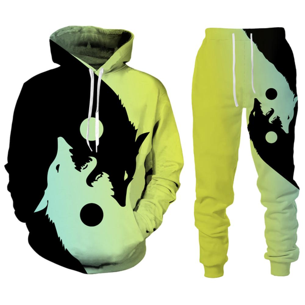 Модная уличная одежда, мужские комплекты, спортивные костюмы, новые мужские толстовки с принтом волка и спортивные штаны, костюм из двух предметов, повседневная мужская одежда с капюшоном