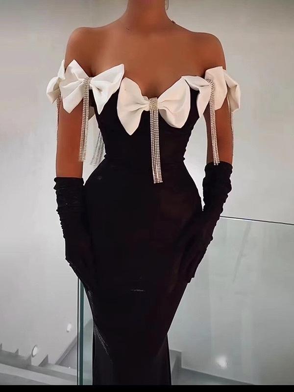 European & American One-Shoulder Rhinestone Bow Tassel Dress