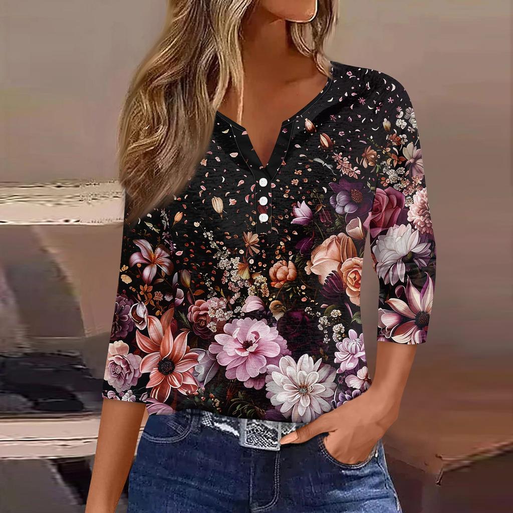 Women's T Shirt Tee Print Button 3/4 SleeveDaily Weekend Fashion Basic V- Neck Regular Top