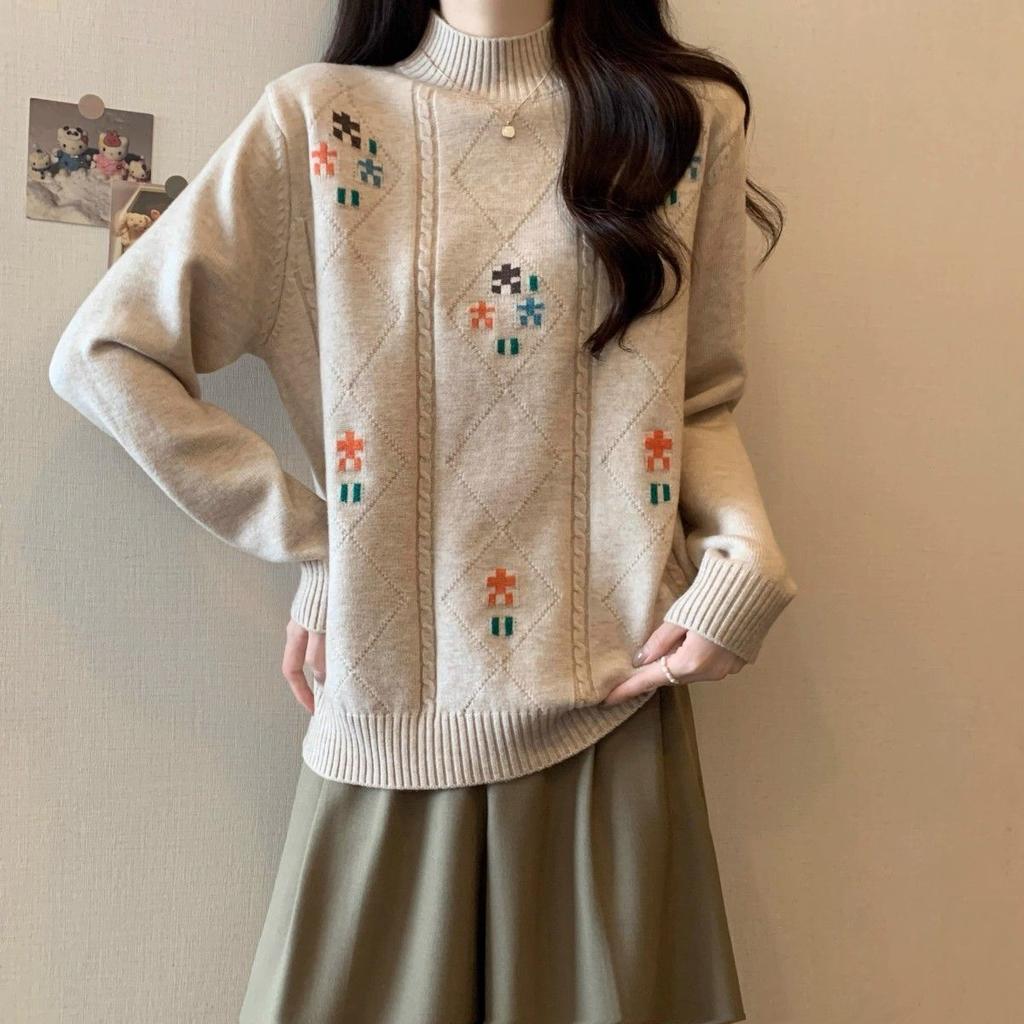 Women's Knitted Sweater Semi High Neck Long Sleeved Base for Autumn and Winter Thick Loose Top