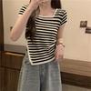 New Summer Style Irregular Square Collar Striped Sweet and Spicy Style Slimming Belly Short-sleeved T-shirt Knitted Top for Women