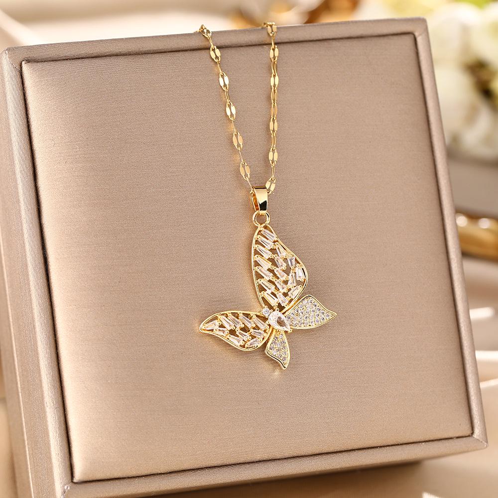 Korean Butterfly Tassel Luxury Diamond Titanium Steel Necklace - Women's Versatile Clavicle Jewelry