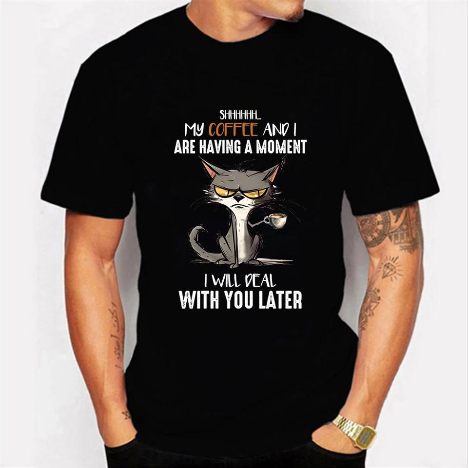 Футболки Новая Модная Мужская Футболка Я Не Люблю Утренних Людей или Утро или Людей Смешные Шутки Футболка Черный Кот Мужская Футболка для Мужчин