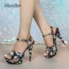 13CM High Heeled Sandals Flower Print Ankle Strap Women's Platform Sandalias Party Dress Tacones Size 34-43 Heels Women