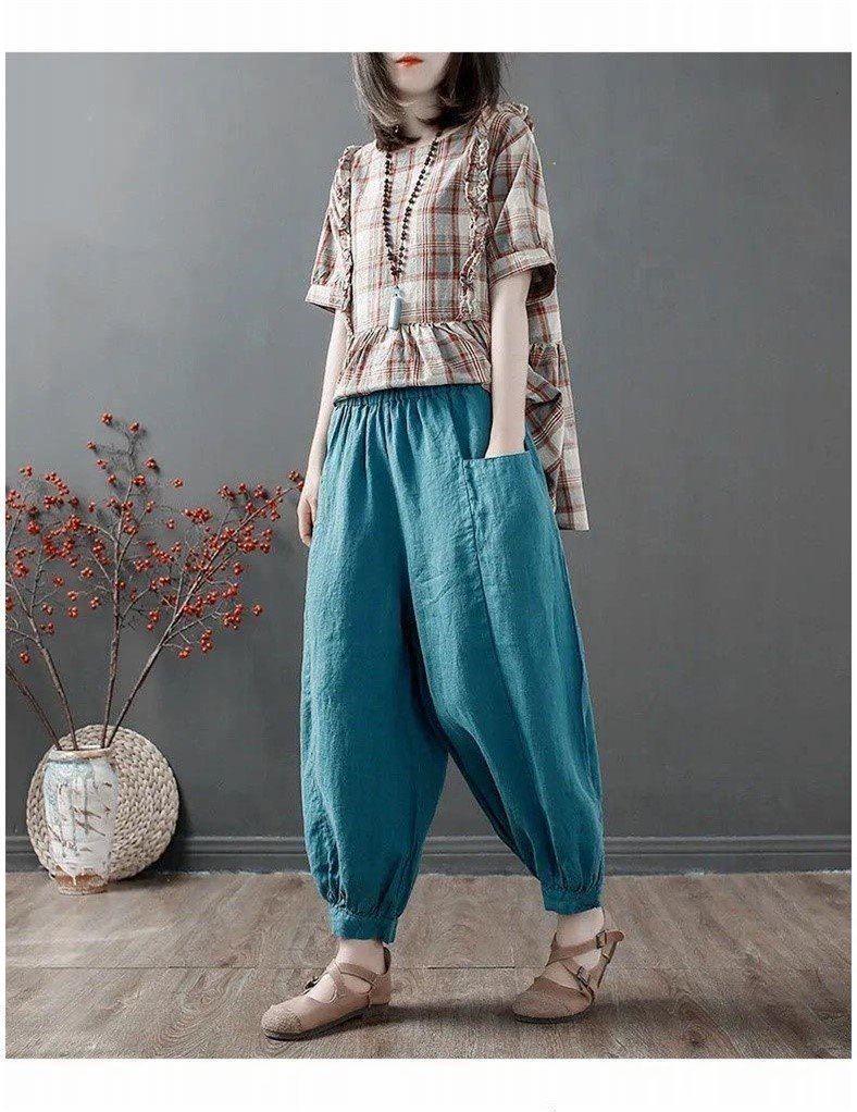 Women's Summer 100% Cotton Linen Lantern Pants - Casual, Loose, Nine-Point, Tie-Cuff Harem Style