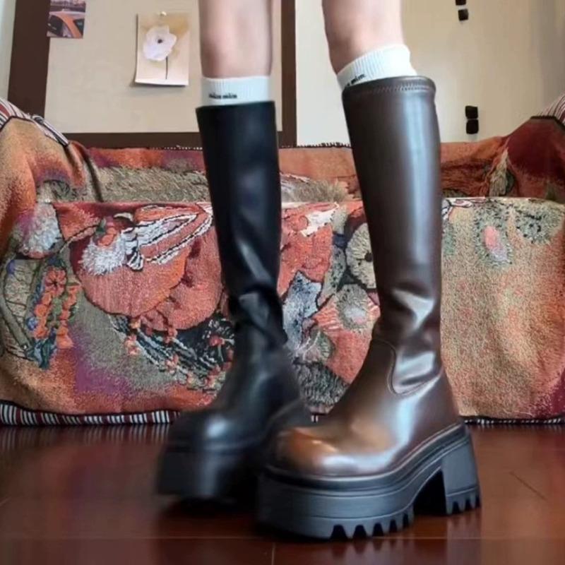 Модные женские черные сапоги 2025 Новые модные сапоги на платформе Женская обувь Осенние тонкие сапоги на толстой подошве Сапоги-ботфорты до колена для женщин Длинные сапоги