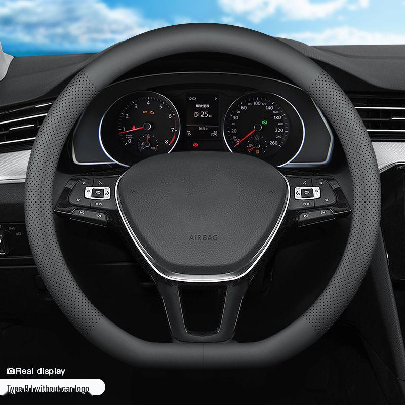 Universal Nappa Leather Steering Wheel Cover - Breathable, Perforated, Sweat-Absorbent, Four Seasons Protection.
