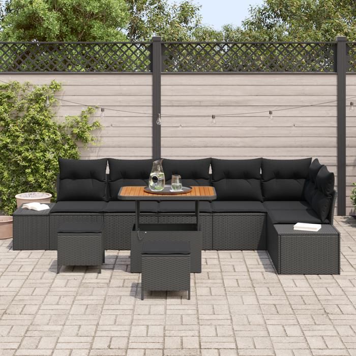 Ensemble de canapé de jardin 9 pièces avec coussins Noir Poly Rotin Acacia, Canapé de jardin 2 places avec coussins Noir 3362804