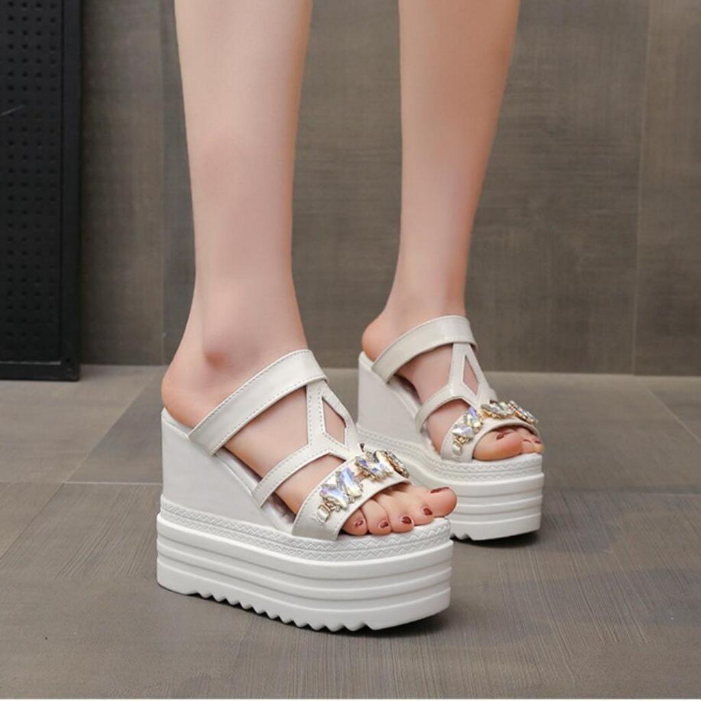 Мода 2024 года, летний тренд, дизайнерские женские босоножки на очень высоком каблуке 12 см, роскошные блестящие женские тапочки на толстой подошве, пляжная обувь на танкетке и платформе