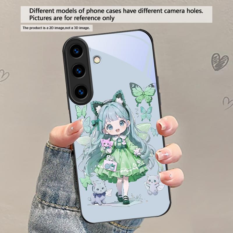 Q-версия Синяя Бабочка Для Samsung Galaxy S20 S21 S22 S23 Plus S24 FE S25 Ultra S26 Edge S25+ S20+ S22+ Черный Стеклянный Чехол для Телефона