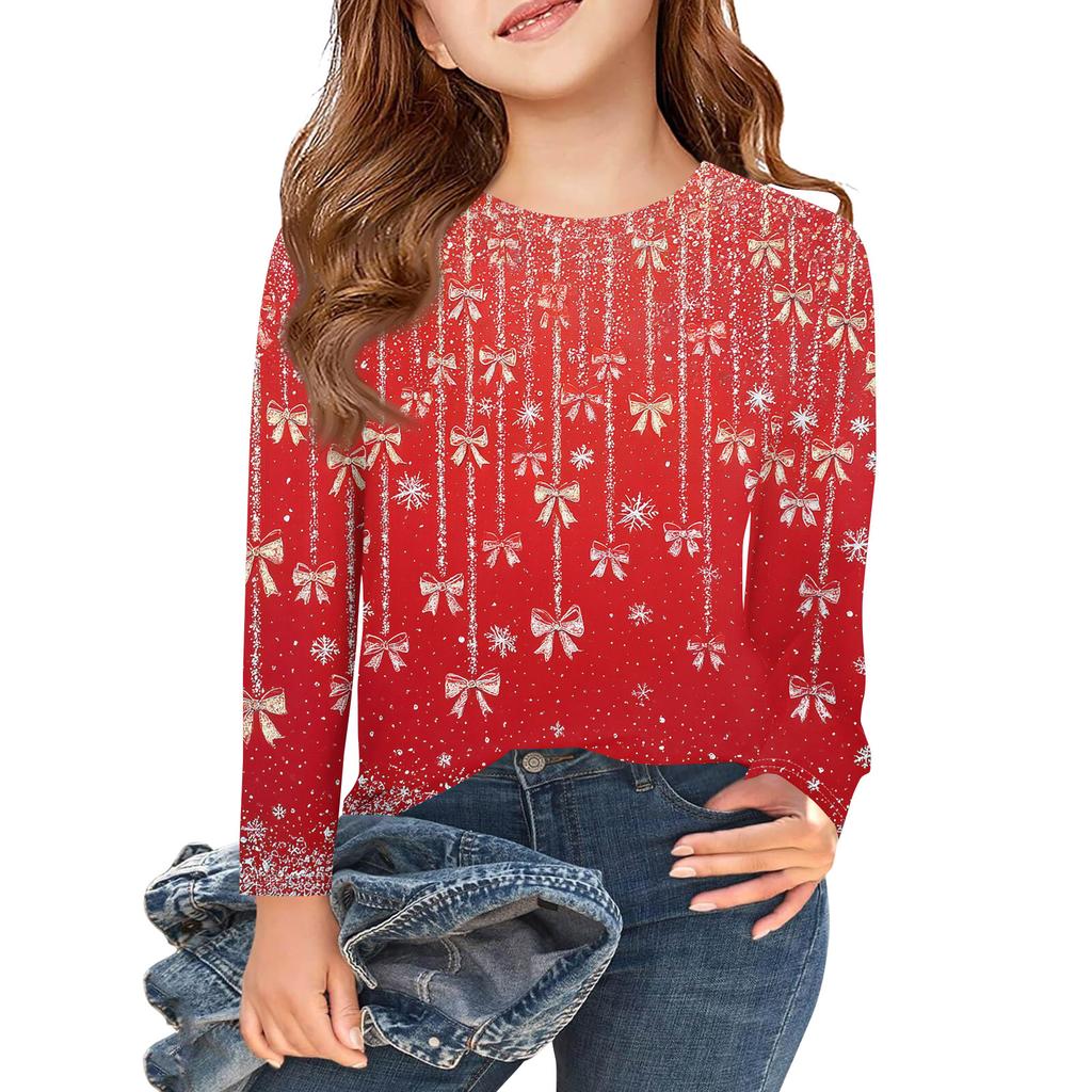 Рождественские футболки с длинным рукавом для девочек, детские осенние топы с круглым вырезом и принтом, базовые футболки