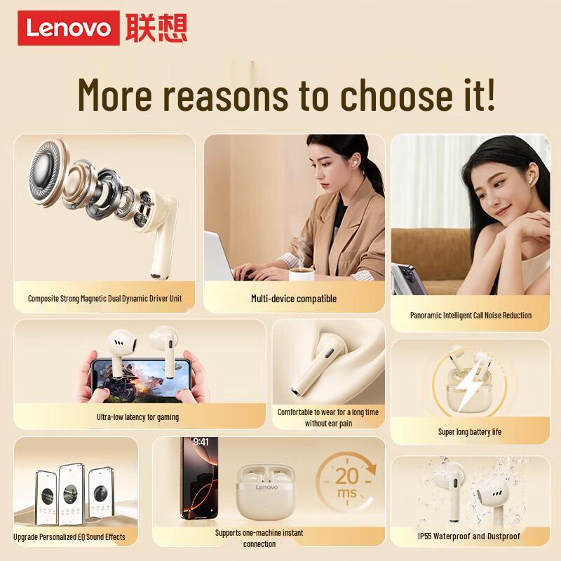 Lenovo 2026 Беспроводные полувнутриканальные Bluetooth-наушники